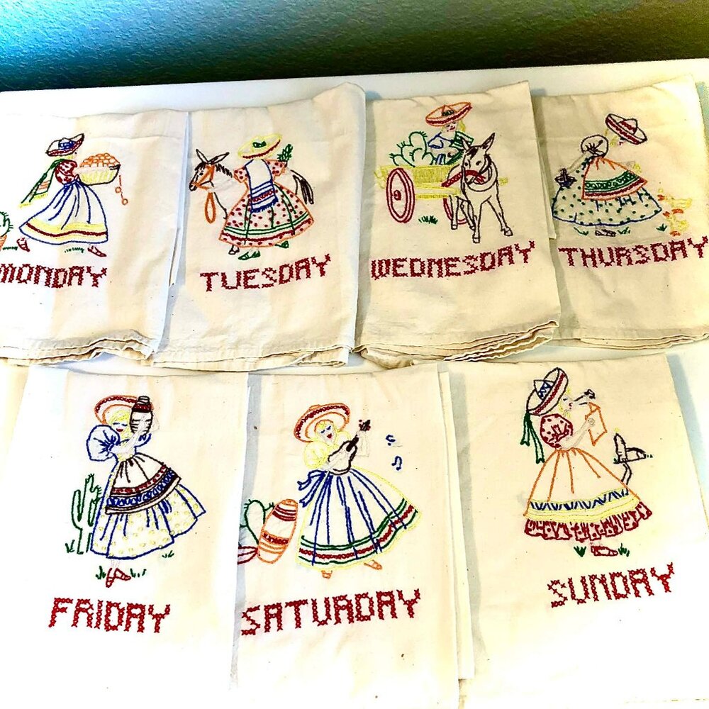 Set of 7 Vint 60s Collectible Embroidered Tea Towels Mexican Design Days Of Week